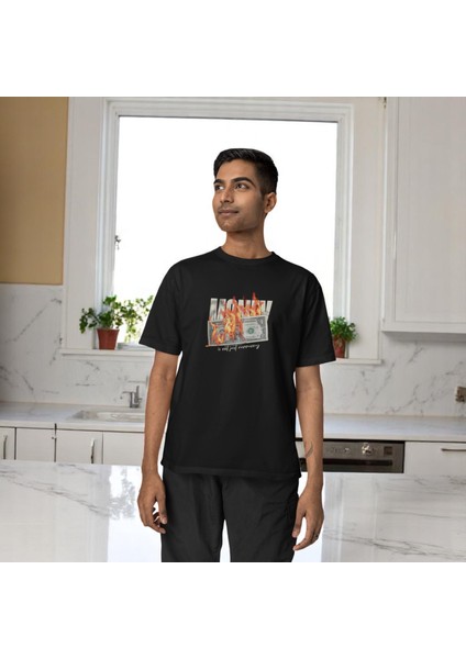 Money Is Not Just Currency Baskılı Siyah Oversize Tişört indirimleri