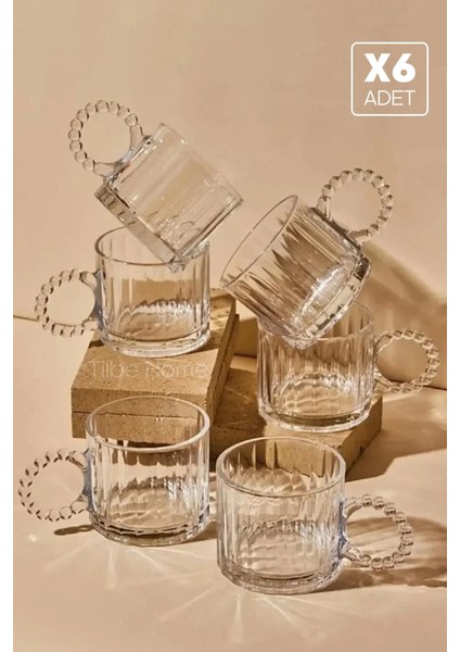 6’lı Boncuk Kulplu Cam Kupa Bardak Takımı Retro Espresso Çay Kahve Meşrubat Bardağı Seti 100ML