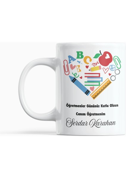 Eğitimi Temsil Eden Kalp Tasarımlı Öğretmenler Günü Kişiye Özel Hediyelik Kupa Bardak