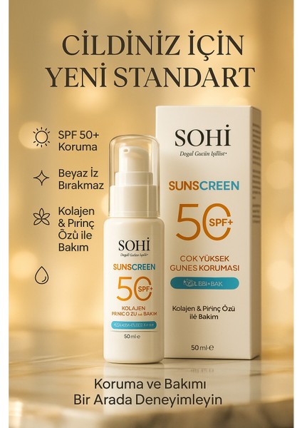 SPF 50+ Yüz ve Vücut Güneş Kremi | Pirinç Özü, Kolajen & Niacinamide & Hyaluronik Asit