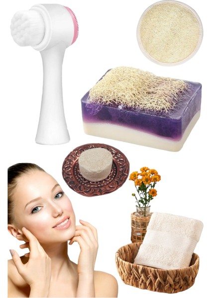 5'li Kabak Lifli Keçi Sütlü Lavanta Sabun Doğal Peeling Sıkılaştırma Canlandırıcı Tüm Yüz Bakım Seti