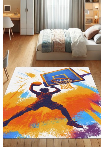 Renkli Basketbol Sever Halısı Dijital Baskılı Dokuma Kaymaz Tabanlı Yıkanabilir Antre Halısı Antialejik Genç Odası Halısı