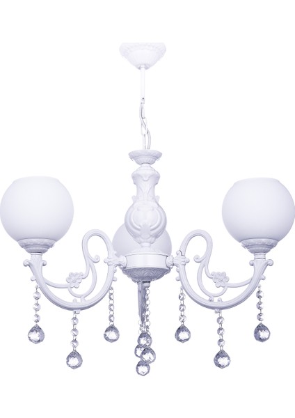 Zamak 3’lü Avize Beyaz – Klasik Taşlı Zarif Tasarım, Cam Başlıklı Modern Şıklık