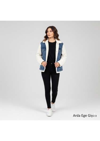 Ekru Peluş Kot Mont