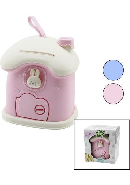 BÜYÜK=18X16X18CM Ev Modeli Kilitli Renkli Plastik Çocuk Kumbara Tavşan Figürlü (4915)