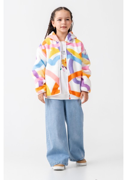 Kız Çocuk Pamuklu Renkli Desenli Kapüşonlu Fermuarlı Polar Mont - Konforlu Dış Giyim