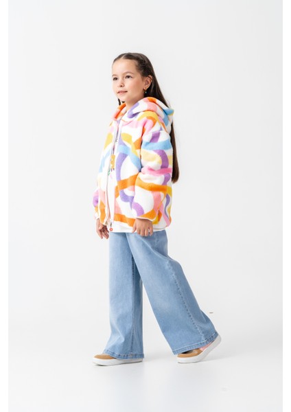 Kız Çocuk Pamuklu Renkli Desenli Kapüşonlu Fermuarlı Polar Mont - Konforlu Dış Giyim fiyatları