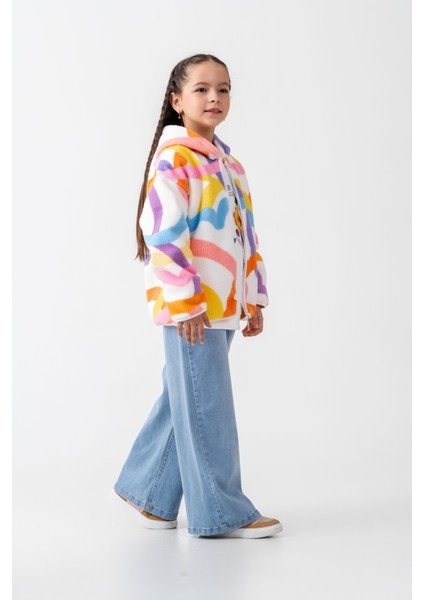 Kız Çocuk Pamuklu Renkli Desenli Kapüşonlu Fermuarlı Polar Mont - Konforlu Dış Giyim modelleri