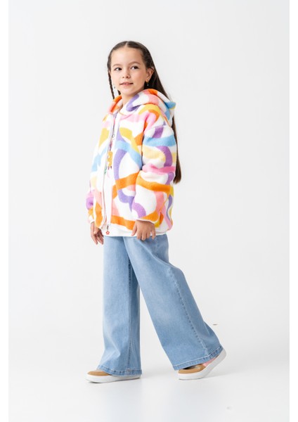 Kız Çocuk Pamuklu Renkli Desenli Kapüşonlu Fermuarlı Polar Mont - Konforlu Dış Giyim fırsatları