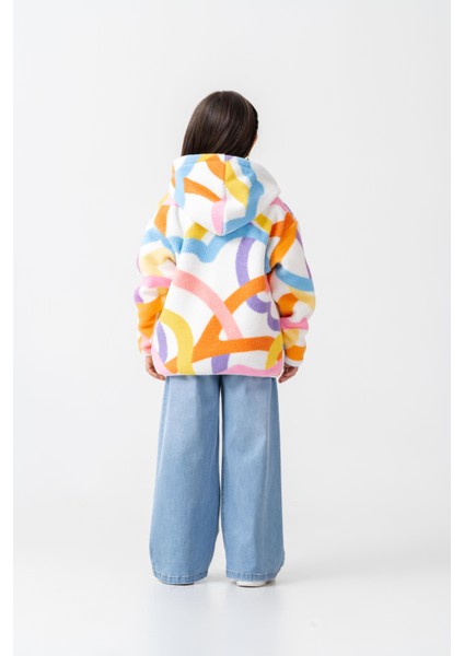 Kız Çocuk Pamuklu Renkli Desenli Kapüşonlu Fermuarlı Polar Mont - Konforlu Dış Giyim indirimleri