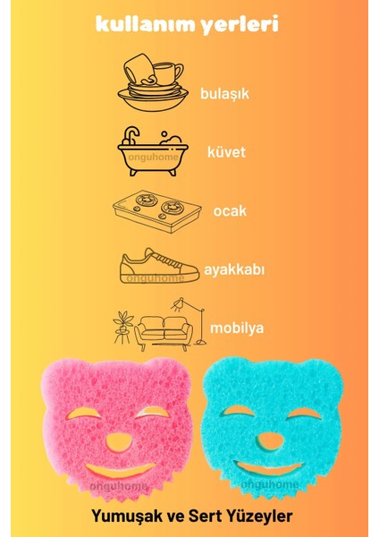 2'li Bulaşık Süngeri Sponge Çift Taraflı Gülen Yüz Sünger Sihirli Sünger Çok Amaçlı Temizlik Süngeri modelleri