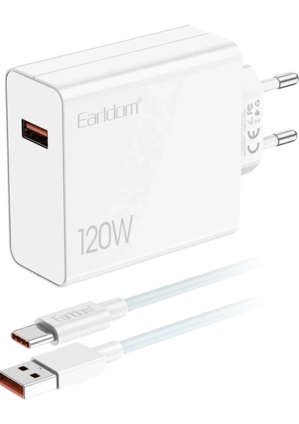 EU48 120W USB Qc 3.0 Çıkışlı ve USB To Type-C Kablolu Pd Hızlı Şarj Cihazı - Beyaz indirimleri