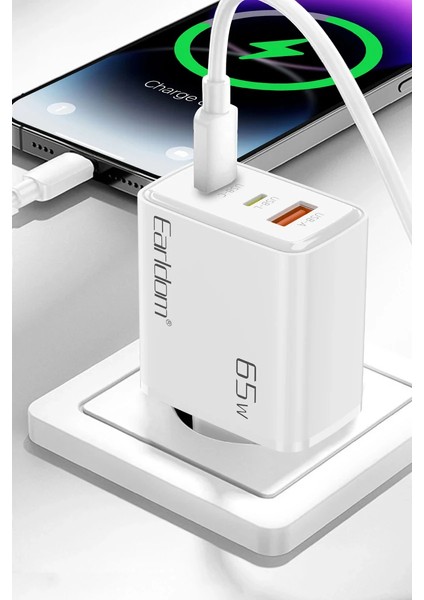EU53 Type-C Lightning ve USB Çıkışlı 65W Pd Hızlı Şarj Aleti - Beyaz