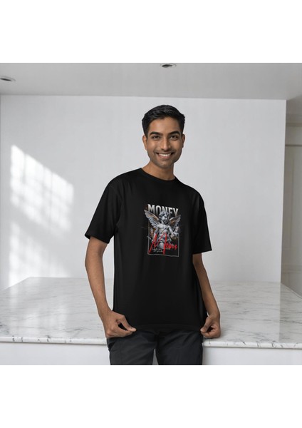 Money Moves Baskılı Siyah Oversize Tişört
