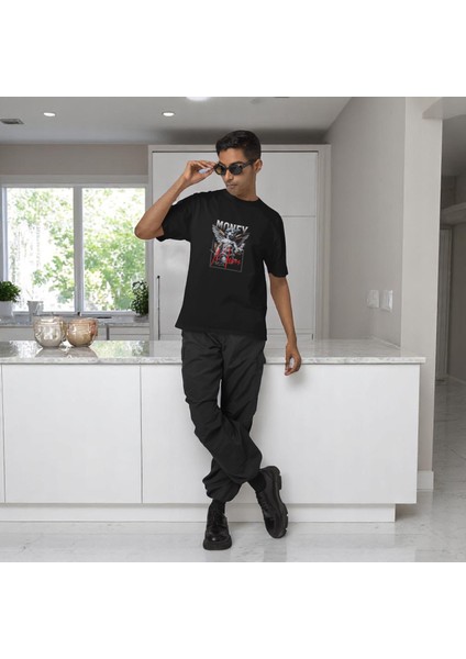 Money Moves Baskılı Siyah Oversize Tişört indirimleri