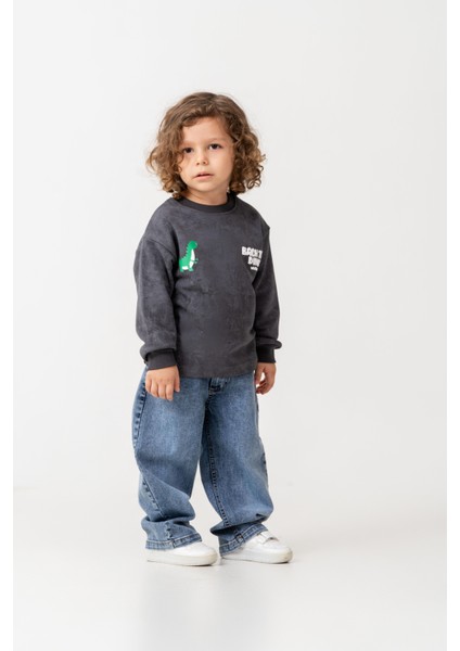 Erkek Çocuk Pamuklu Füme Dinozor Baskılı Sweatshirt ve Mavi Jean Pantolon Takım - Günlük Rahat Stil