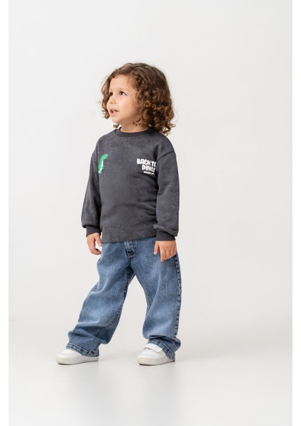 Erkek Çocuk Pamuklu Füme Dinozor Baskılı Sweatshirt ve Mavi Jean Pantolon Takım - Günlük Rahat Stil