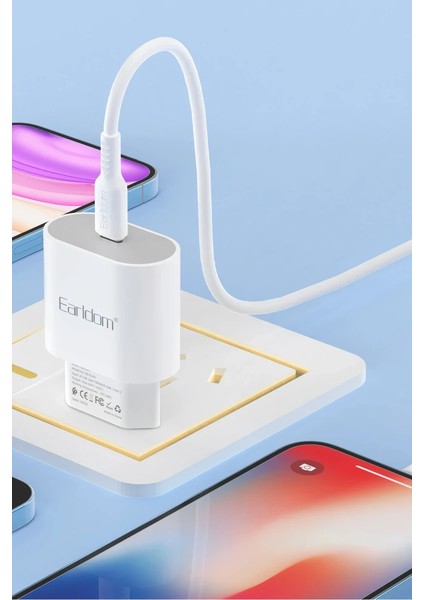 ES-EU42L 20W Type-C Çıkışlı Ekstra Type-C To Lightning Kablolu Pd Hızlı Şarj Cihazı - Beyaz