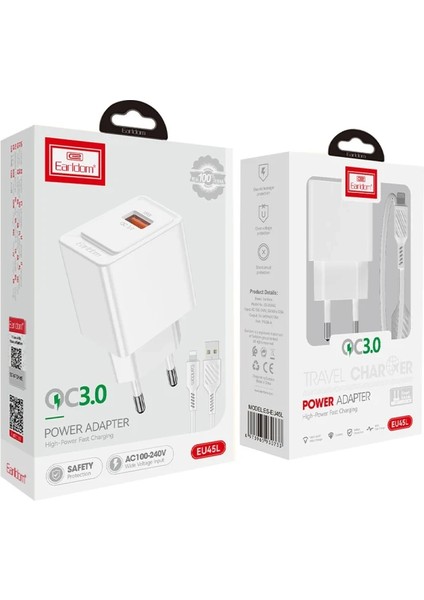 EU45 18W USB Qc 3.0 Çıkışlı ve USB To Lightning Kablolu Pd Hızlı Şarj Cihazı - Beyaz