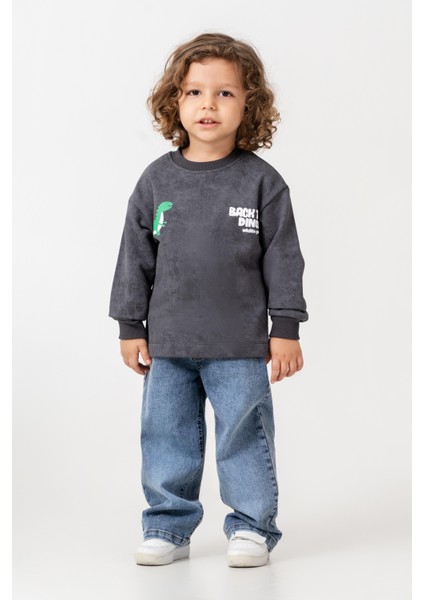Erkek Çocuk Pamuklu Füme Dinozor Baskılı Sweatshirt ve Mavi Jean Pantolon Takım - Günlük Rahat Stil