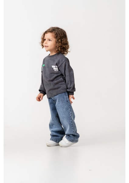 Erkek Çocuk Pamuklu Füme Dinozor Baskılı Sweatshirt ve Mavi Jean Pantolon Takım - Günlük Rahat Stil modelleri