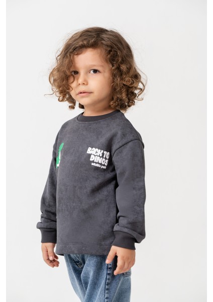 Erkek Çocuk Pamuklu Füme Dinozor Baskılı Sweatshirt ve Mavi Jean Pantolon Takım - Günlük Rahat Stil fırsatları