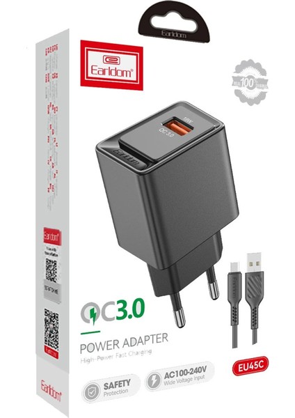 EU45 18W USB Qc 3.0 Çıkışlı ve USB To Type-C Kablolu Pd Hızlı Şarj Cihazı - Beyaz modelleri