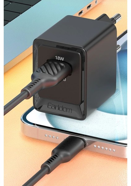 EU45 18W USB Qc 3.0 Çıkışlı ve USB To Type-C Kablolu Pd Hızlı Şarj Cihazı - Beyaz indirimleri