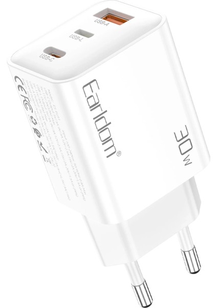EU51 Type-C Lightning ve USB Çıkışlı 30W Pd Hızlı Şarj Aleti - Beyaz