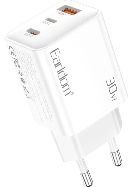 EU51 Type-C Lightning ve USB Çıkışlı 30W Pd Hızlı Şarj Aleti - Beyaz