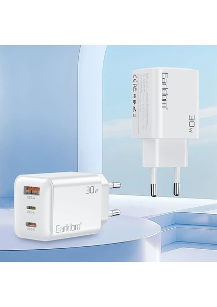 EU51 Type-C Lightning ve USB Çıkışlı 30W Pd Hızlı Şarj Aleti - Beyaz