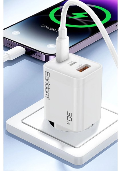 EU51 Type-C Lightning ve USB Çıkışlı 30W Pd Hızlı Şarj Aleti - Beyaz