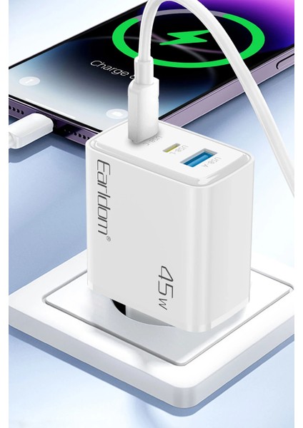 EU52 Type-C Lightning ve USB Çıkışlı 45W Pd Hızlı Şarj Aleti - Beyaz modelleri