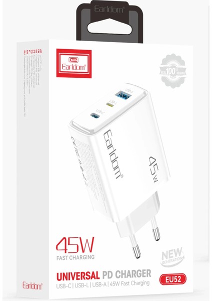 EU52 Type-C Lightning ve USB Çıkışlı 45W Pd Hızlı Şarj Aleti - Beyaz indirimleri
