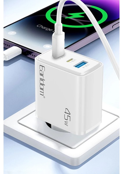 EU52 Type-C Lightning ve USB Çıkışlı 45W Pd Hızlı Şarj Aleti - Beyaz