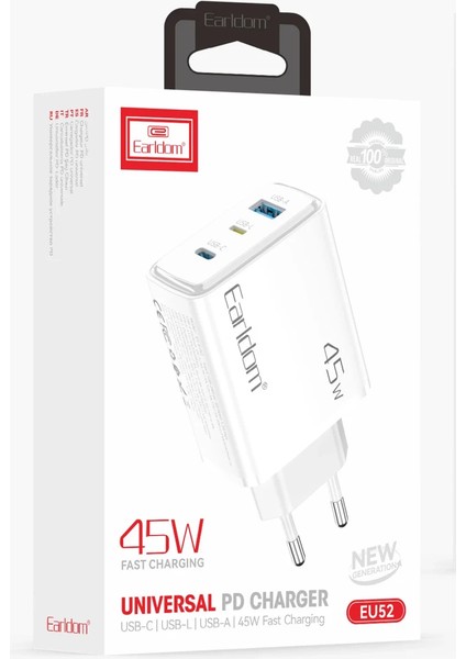 EU52 Type-C Lightning ve USB Çıkışlı 45W Pd Hızlı Şarj Aleti - Beyaz