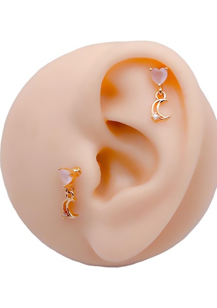 Cerrrahi Çelik Piercing ( Pirsing ) Zirkon Kalp Sallantılı Ay Tragus Helix Piercing (1ADET fiyatları