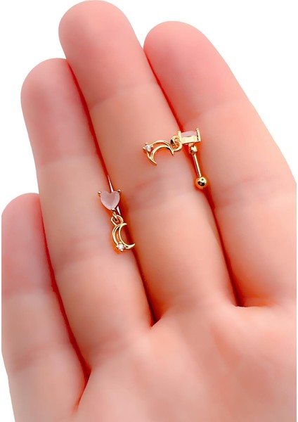 Cerrrahi Çelik Piercing ( Pirsing ) Zirkon Kalp Sallantılı Ay Tragus Helix Piercing (1ADET modelleri