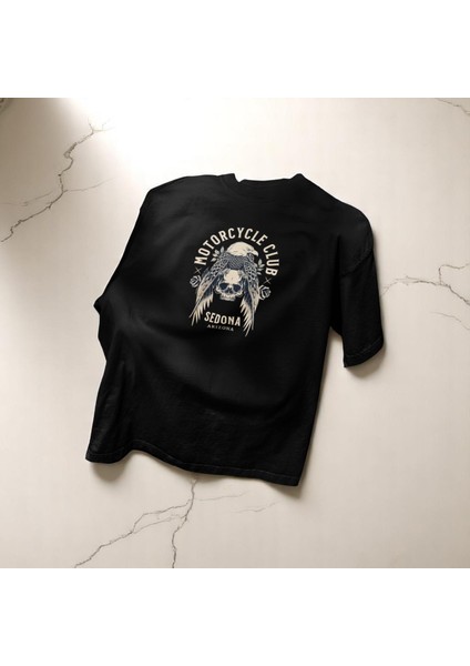 Motorcycle Club Baskılı Siyah Oversize Tişört