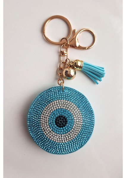 Hediyelik Zirkon Taşlı Nazar Boncuklu Açık Mavi Anahtarlık