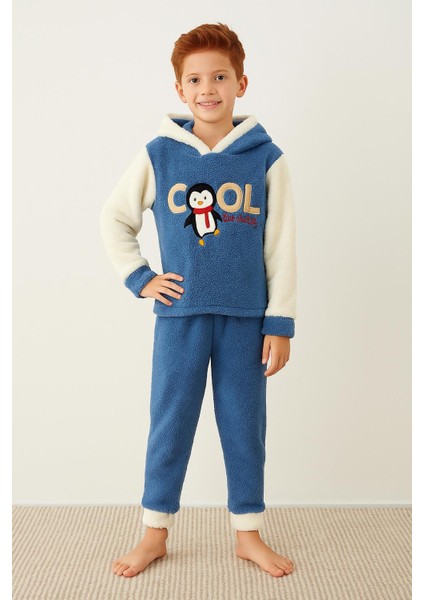 Erkek Çocuk Polar Penguen Nakışlı Kapüşonlu Kışlık Pijama Takımı - Mavi 43316 fiyatları
