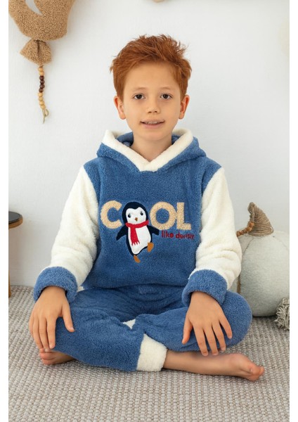 Erkek Çocuk Polar Penguen Nakışlı Kapüşonlu Kışlık Pijama Takımı - Mavi 43316 modelleri