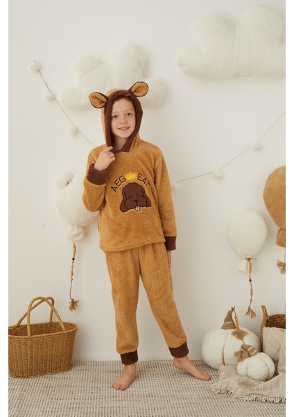 Erkek Çocuk Kahverengi Peluş Polar Pijama Takımı - Kapüşonlu 43307 fiyatları