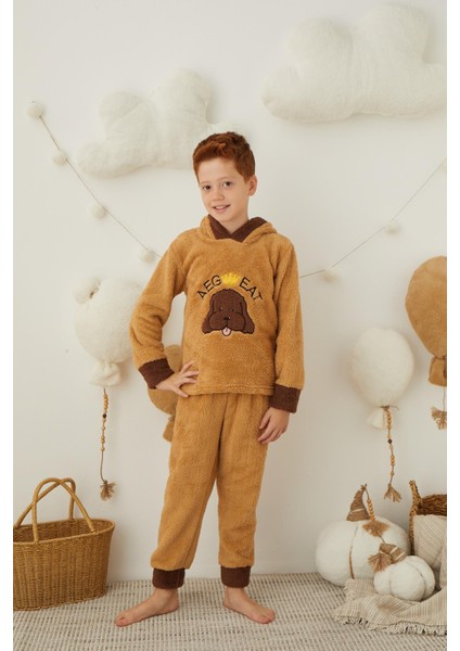 Erkek Çocuk Kahverengi Peluş Polar Pijama Takımı - Kapüşonlu 43307 modelleri