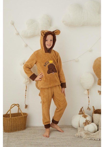 Erkek Çocuk Kahverengi Peluş Polar Pijama Takımı - Kapüşonlu 43307 fırsatları
