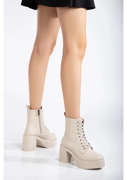 Kadın Platform Topuklu Bağcıklı Bot Bej