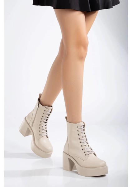 Kadın Platform Topuklu Bağcıklı Bot Bej fiyatları