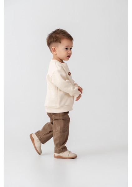Erkek Bebek Pamuklu Krem Araba Baskılı Sweatshirt ve Kahverengi Kargo Pantolon Takım - Günlük Konforlu Stil fiyatları