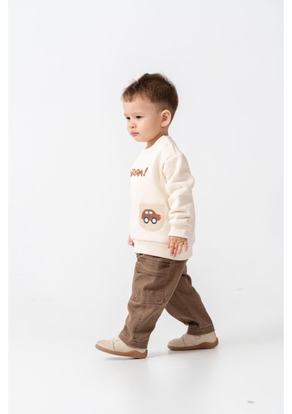 Erkek Bebek Pamuklu Krem Araba Baskılı Sweatshirt ve Kahverengi Kargo Pantolon Takım - Günlük Konforlu Stil modelleri