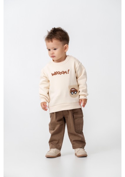 Erkek Bebek Pamuklu Krem Araba Baskılı Sweatshirt ve Kahverengi Kargo Pantolon Takım - Günlük Konforlu Stil fırsatları